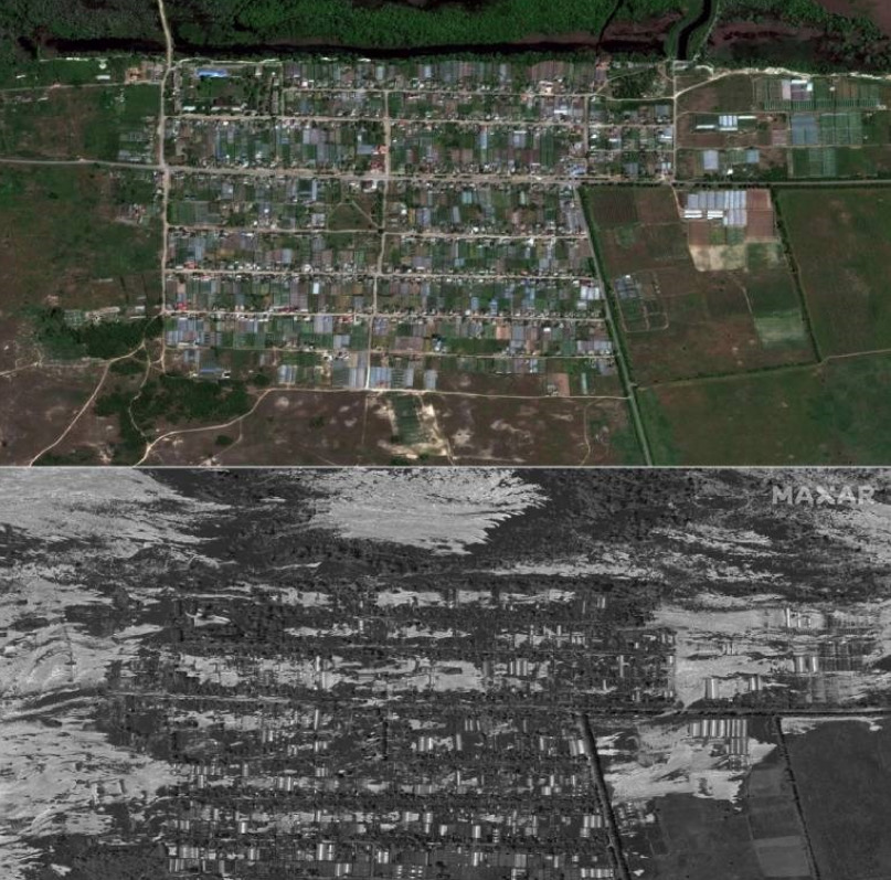 Сателитски снимки го покажуваат размерот на катастрофата во Украина: водата проголта цели градови, куќи, паркови
