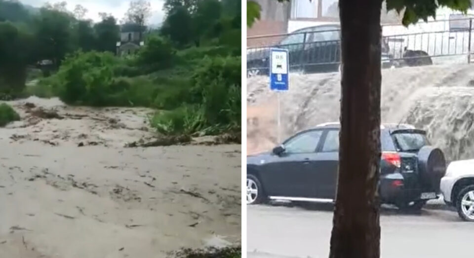 (Видео) Поплавени објекти во Велес, надојдена река во Крива Паланка однесе дел од патот- невреме во делови од Македонија