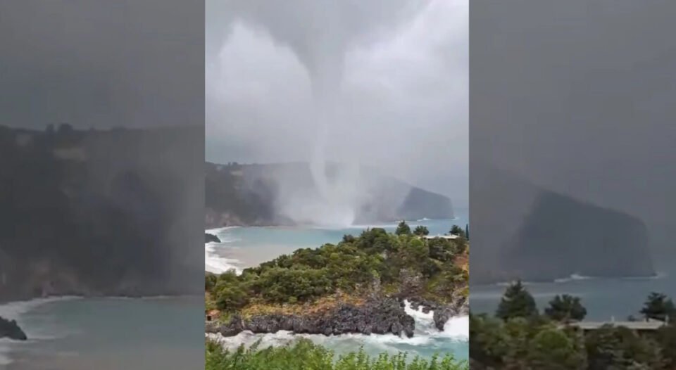 (Видео) Водно торнадо на Евија: страшна сцена снимена на грчкиот остров за време на бурата „Даниел“