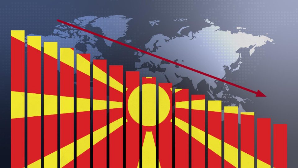 North macedonia flag bar chart concept with decreasing values concept economic crisis politics conflicts war concept with flag.jpg